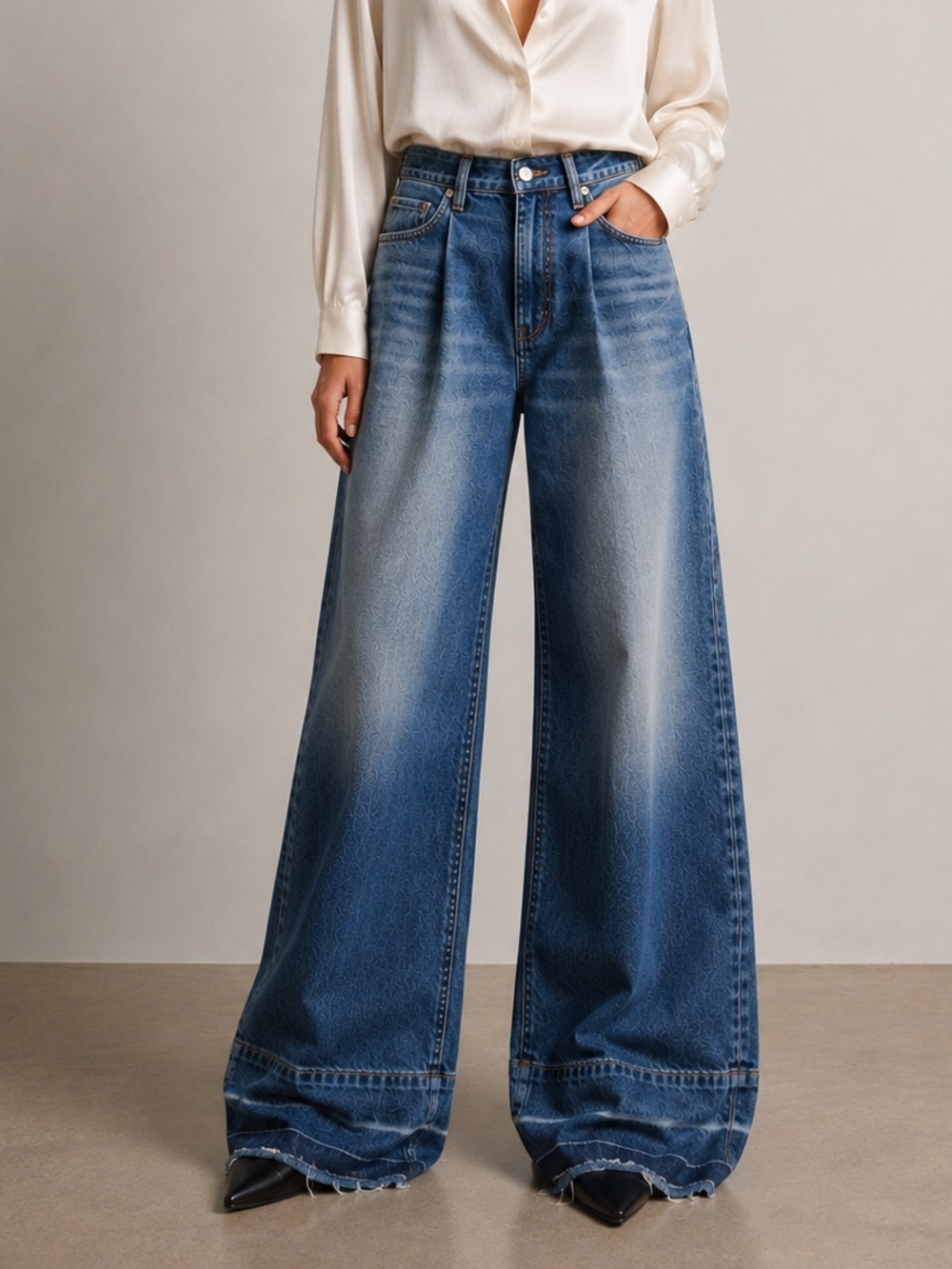 FRAME Mosaic Pleated Wide Leg Jeans Mesa Raw Hem High Rise Size 29 - Picture 1 of 12